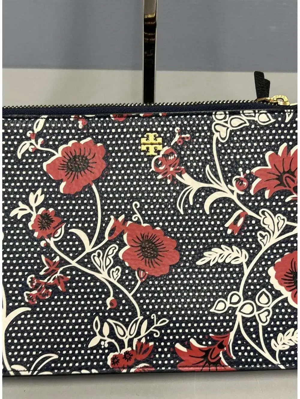 Tory Burch Blake Printed Crossbody Black and Red Floral Purse Pebbled Leather